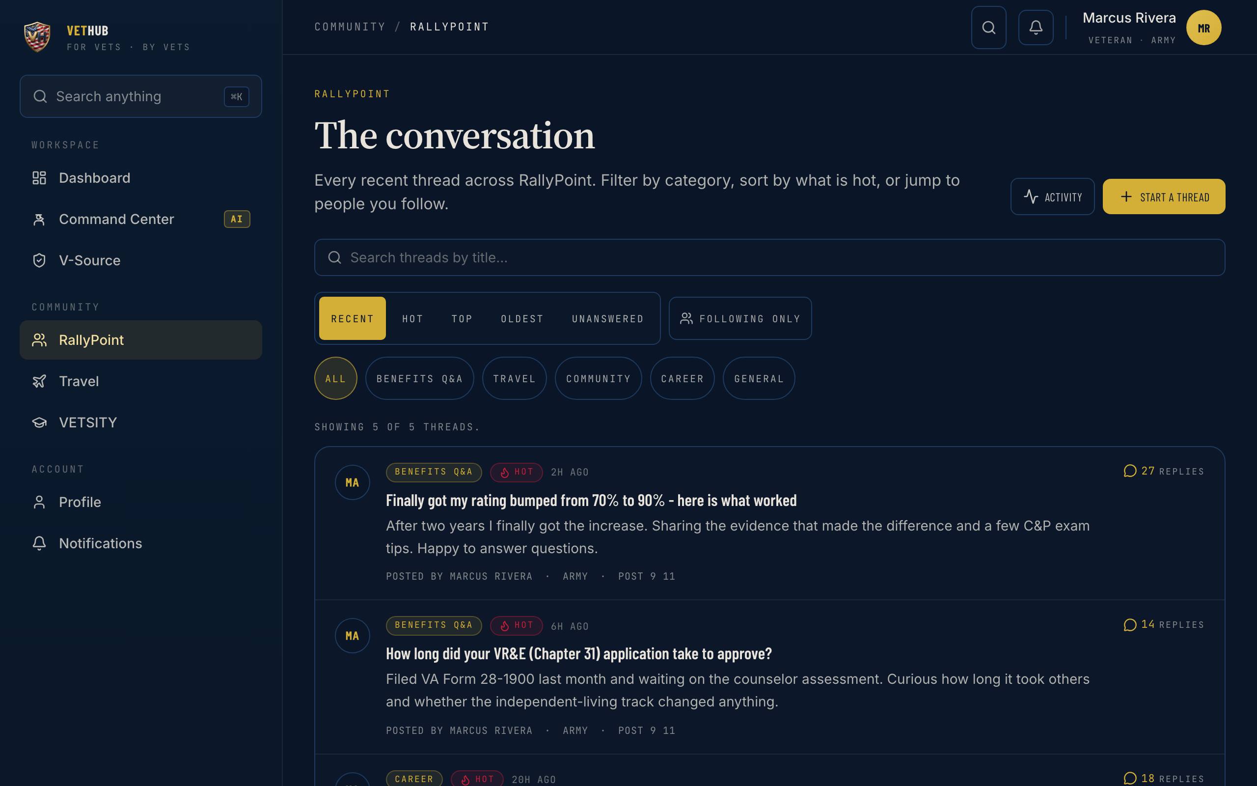 Vet Hub RallyPoint community feed with veteran discussion threads.