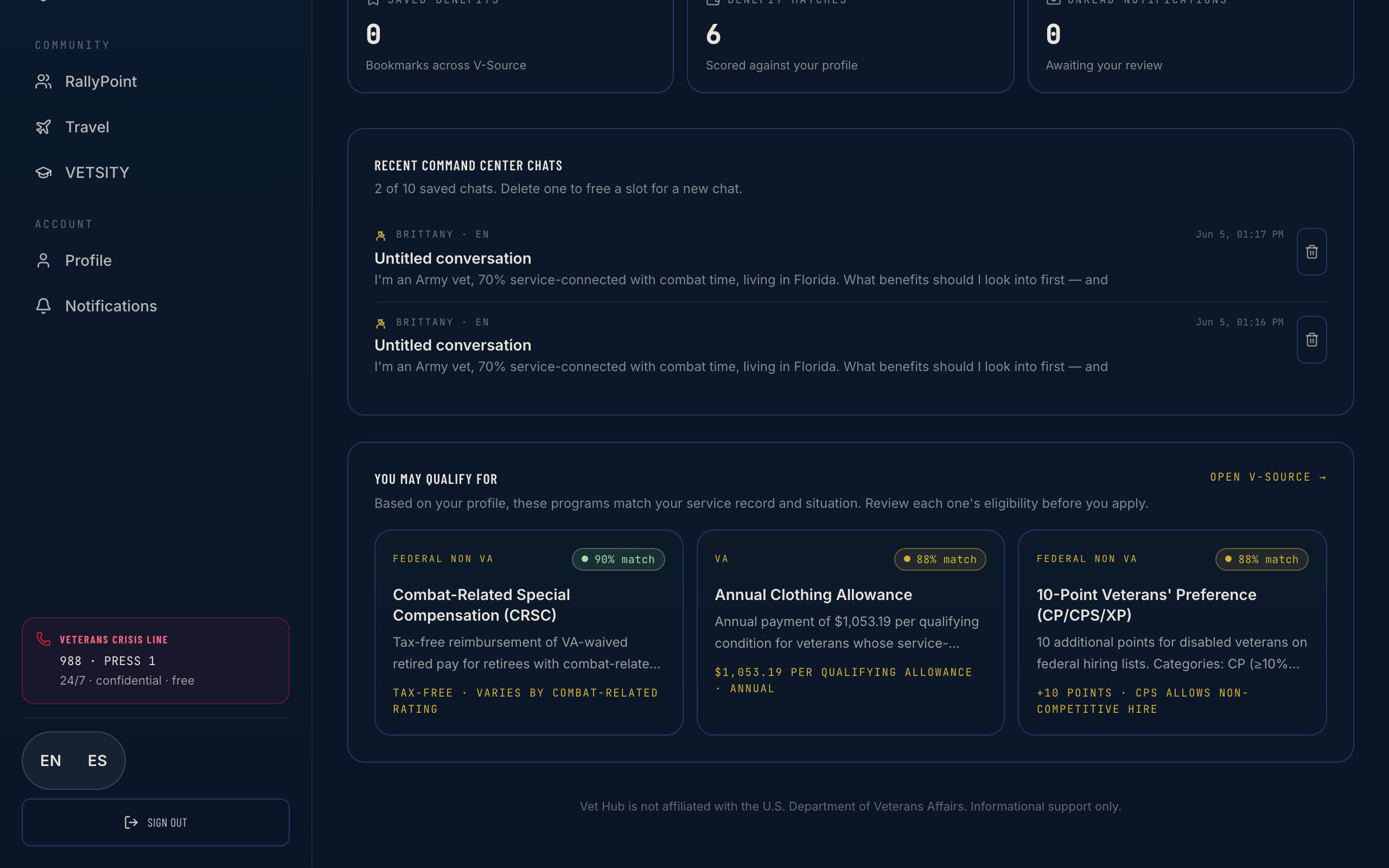 Vet Hub dashboard showing matched benefit recommendations under 'Programs that may fit you'.